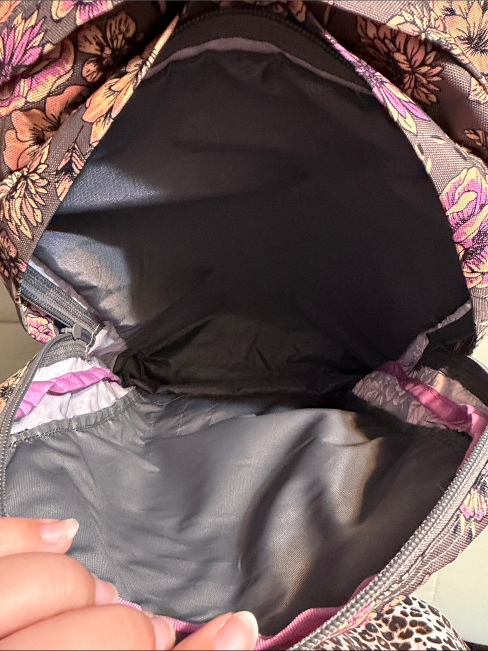 Jansport Gray Floral Backpack with Pink Accents and Brown Leather Base - Picture 6 of 9